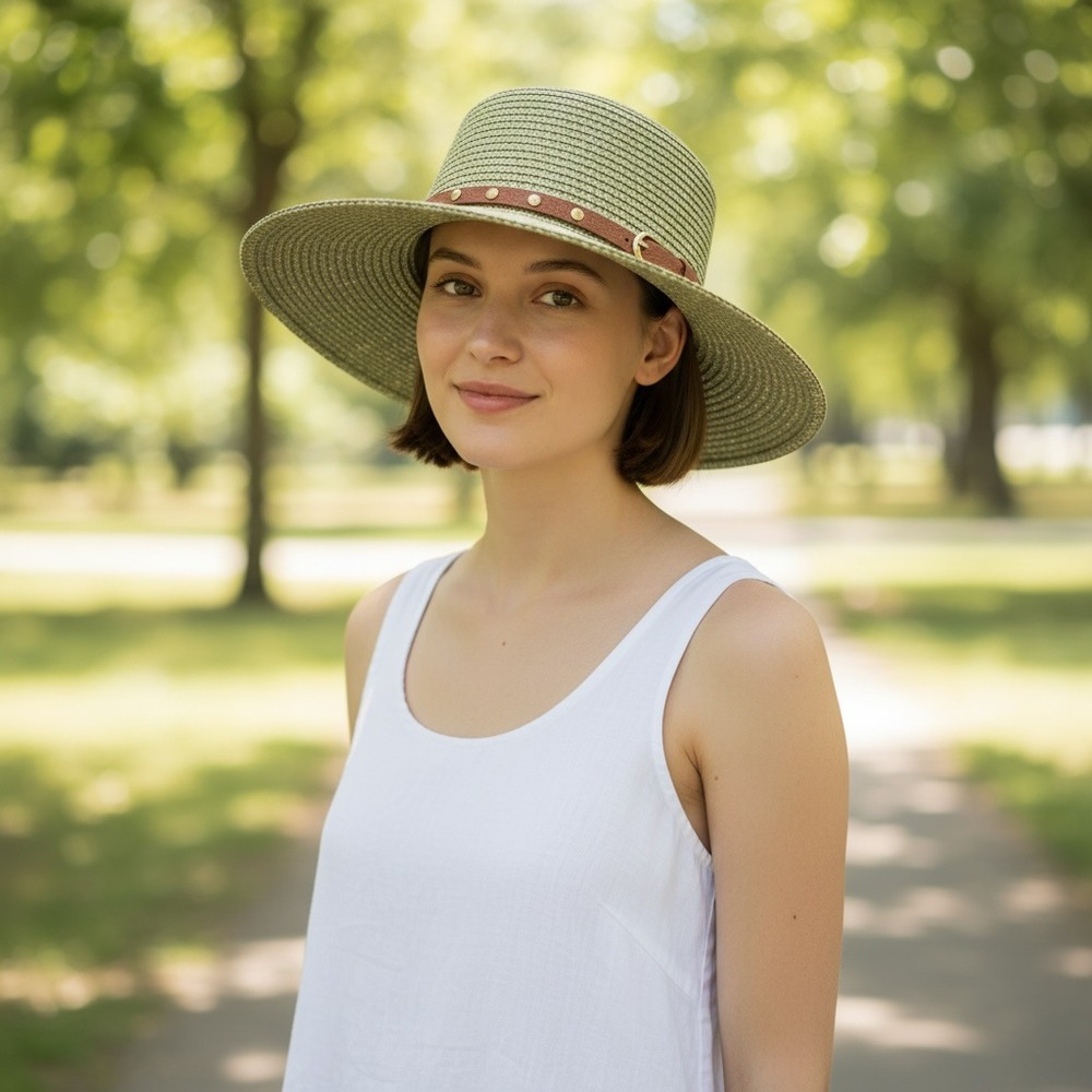 Avenue Zoe Olive Straw Fedora Sun Hat Coastal Resort Vacation Boho Cottagecore